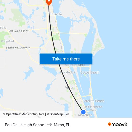 Eau Gallie High School to Mims, FL map