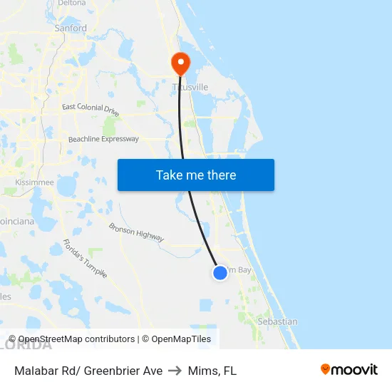 Malabar Rd/ Greenbrier Ave to Mims, FL map