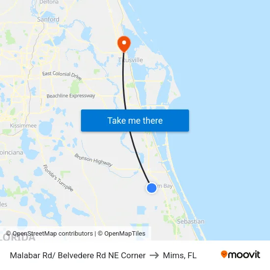 Malabar Rd/ Belvedere Rd NE Corner to Mims, FL map