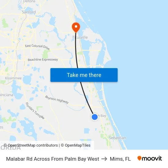 Malabar Rd Across From Palm Bay West to Mims, FL map