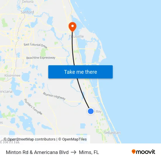 Minton Rd & Americana Blvd to Mims, FL map