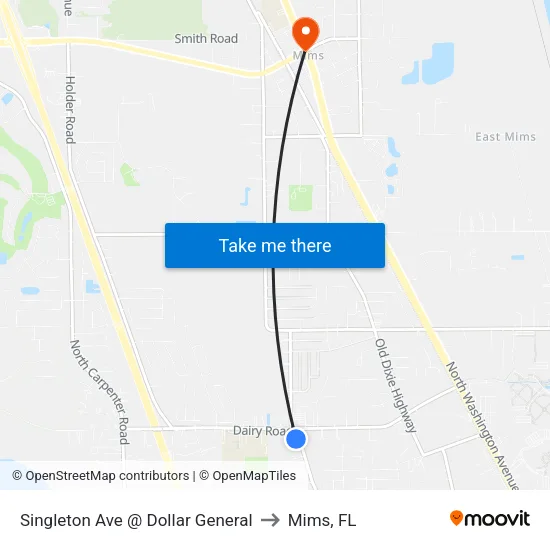 Singleton Ave @ Dollar General to Mims, FL map