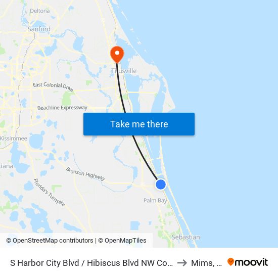 S Harbor City Blvd / Hibiscus Blvd NW Corner to Mims, FL map