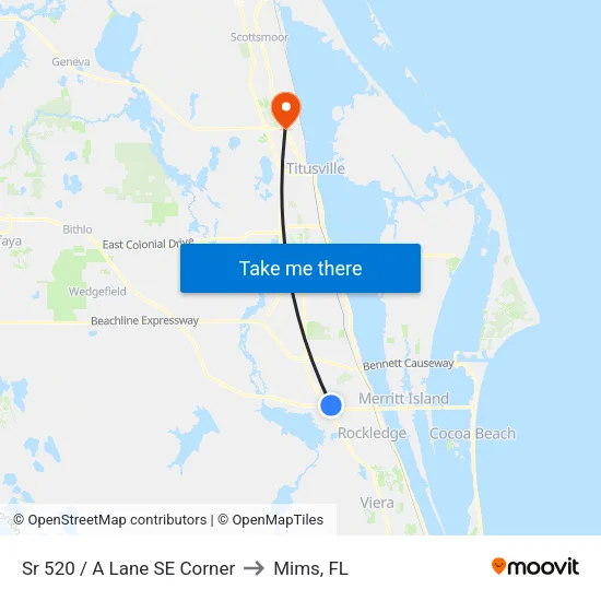 Sr 520 / A Lane SE Corner to Mims, FL map