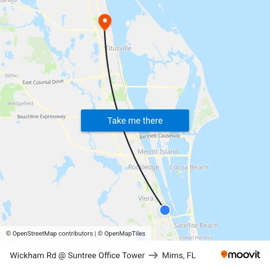 Wickham Rd @ Suntree Office Tower to Mims, FL map