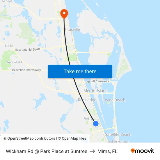 Wickham Rd @ Park Place at Suntree to Mims, FL map