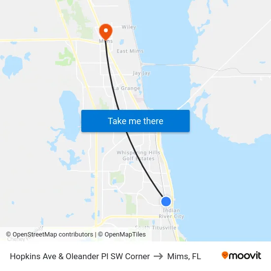 Hopkins Ave & Oleander Pl SW Corner to Mims, FL map