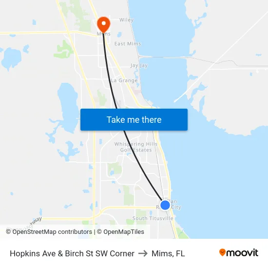 Hopkins Ave & Birch St SW Corner to Mims, FL map