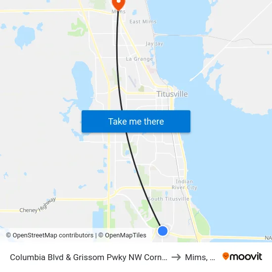 Columbia Blvd & Grissom Pwky NW Corner to Mims, FL map