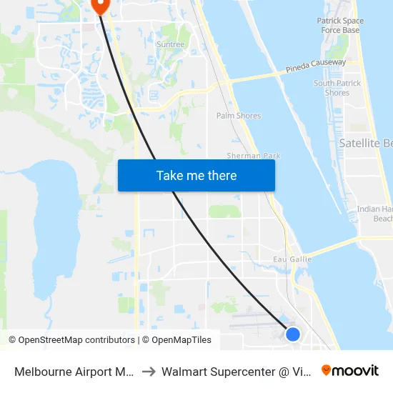 Melbourne Airport MLB to Walmart Supercenter @ Viera map