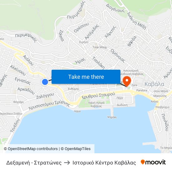 Δεξαμενή - Στρατώνες to Iστορικό Κέντρο Καβάλας map