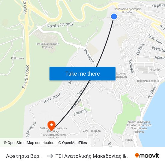 Αφετηρία Βύρωνος to ΤΕΙ Ανατολικής Μακεδονίας & Θράκης map