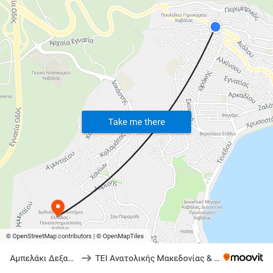 Αμπελάκι Δεξαμενής to ΤΕΙ Ανατολικής Μακεδονίας & Θράκης map