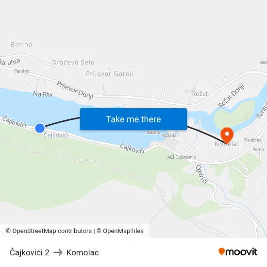 Čajkovići 2 to Komolac map