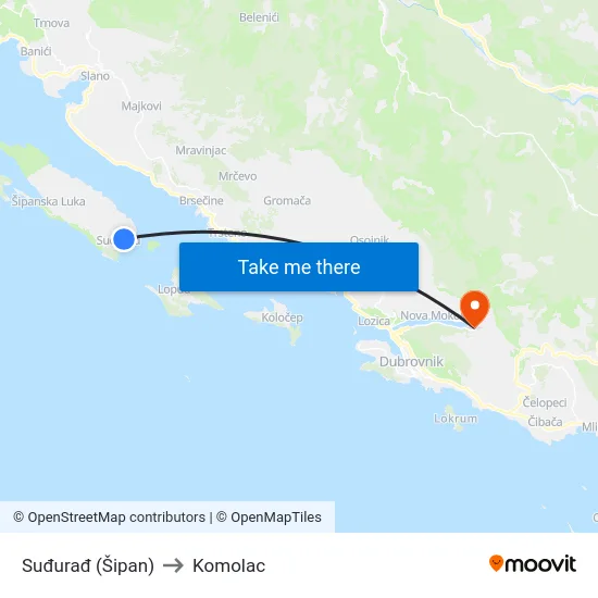 Suđurađ (Šipan) to Komolac map