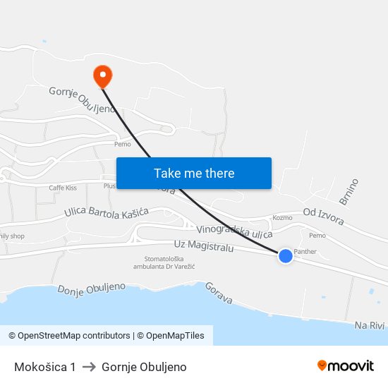 Mokošica 1 to Gornje Obuljeno map