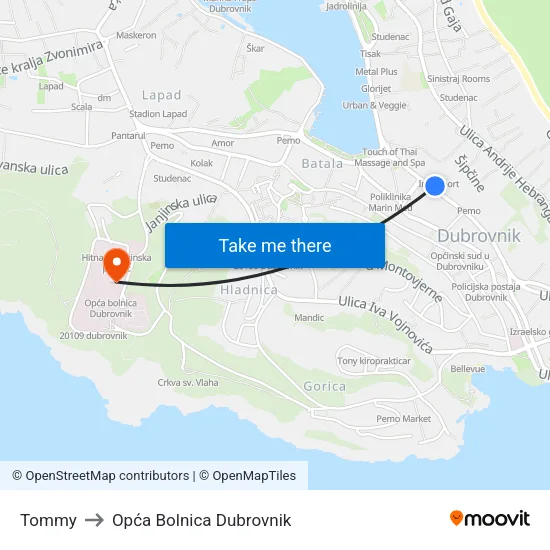 Tommy to Opća Bolnica Dubrovnik map