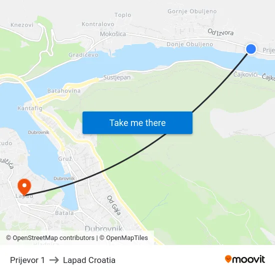 Prijevor 1 to Lapad Croatia map