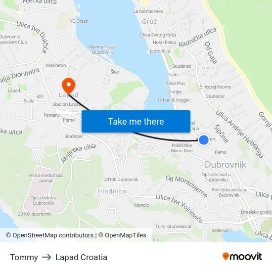Tommy to Lapad Croatia map