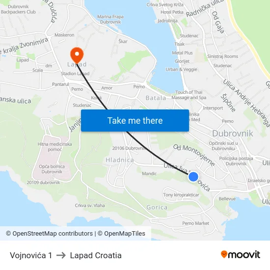 Vojnovića 1 to Lapad Croatia map