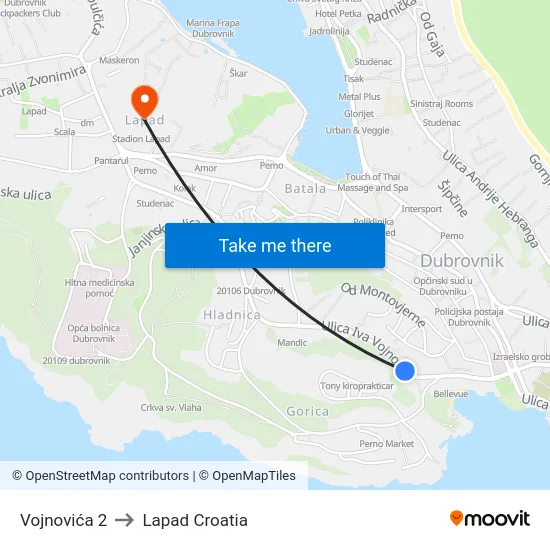 Vojnovića 2 to Lapad Croatia map