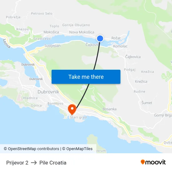 Prijevor 2 to Pile Croatia map
