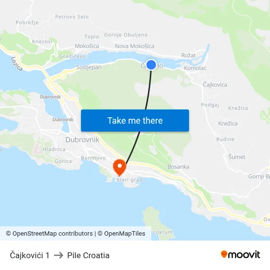 Čajkovići 1 to Pile Croatia map