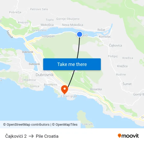 Čajkovići 2 to Pile Croatia map