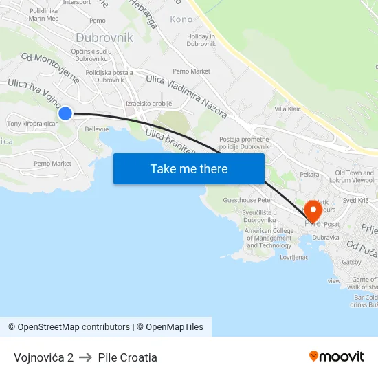 Vojnovića 2 to Pile Croatia map