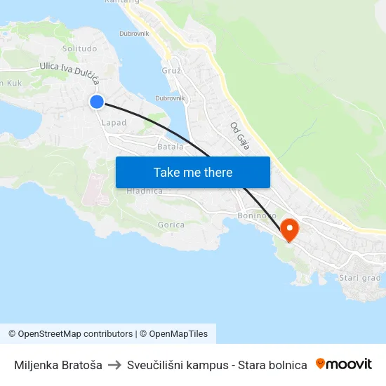 Miljenka Bratoša to Sveučilišni kampus - Stara bolnica map