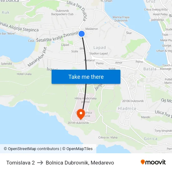Tomislava 2 to Bolnica Dubrovnik, Medarevo map