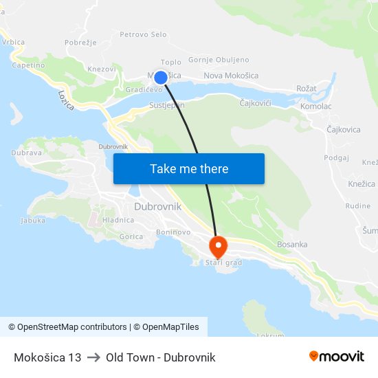 Mokošica 13 to Old Town - Dubrovnik map