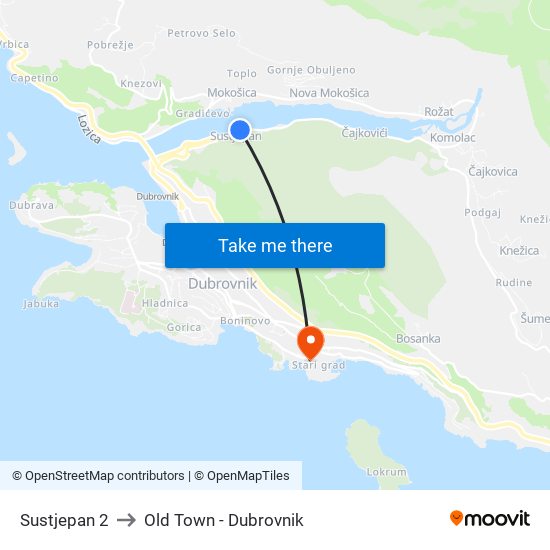 Sustjepan 2 to Old Town - Dubrovnik map