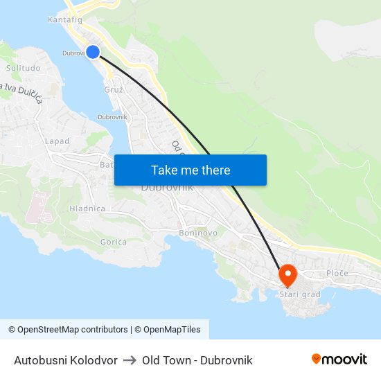 Autobusni Kolodvor to Old Town - Dubrovnik map