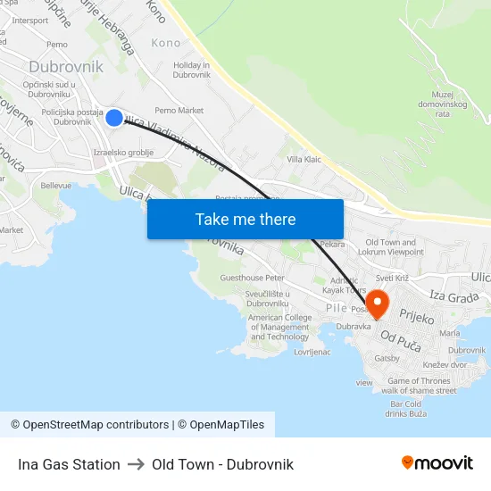 Ina Gas Station to Old Town - Dubrovnik map