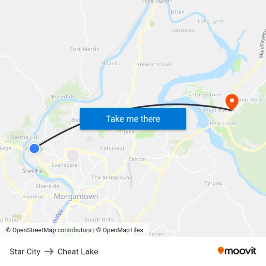 Star City to Cheat Lake map