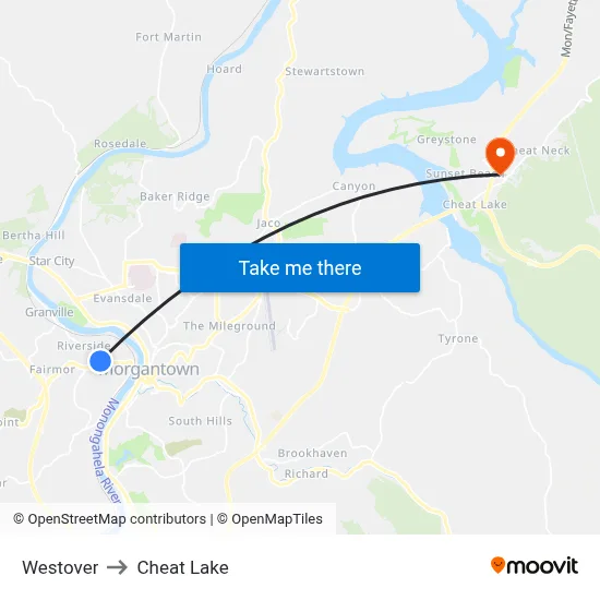 Westover to Cheat Lake map