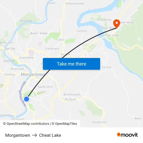 Morgantown to Cheat Lake map