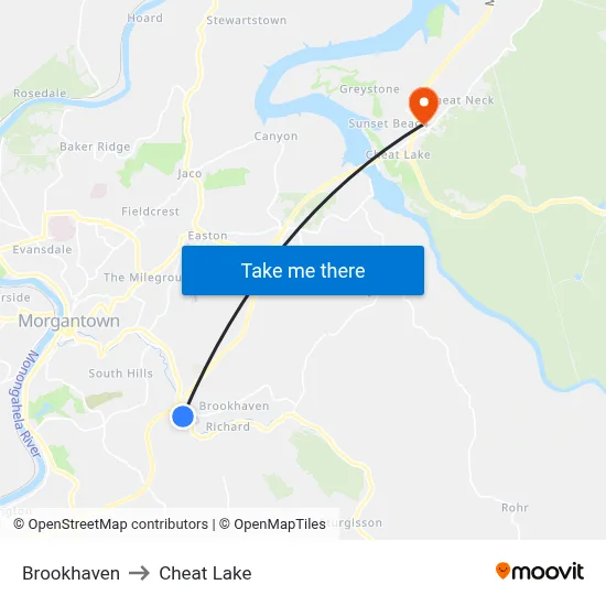 Brookhaven to Cheat Lake map