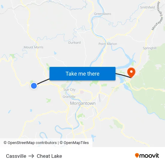 Cassville to Cheat Lake map