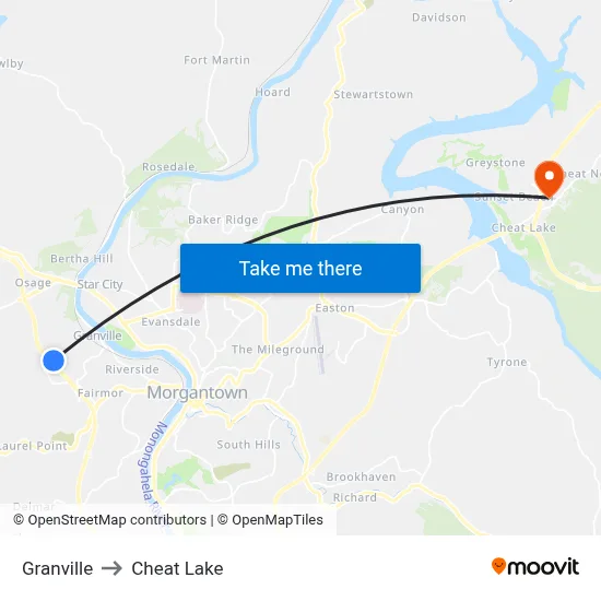 Granville to Cheat Lake map