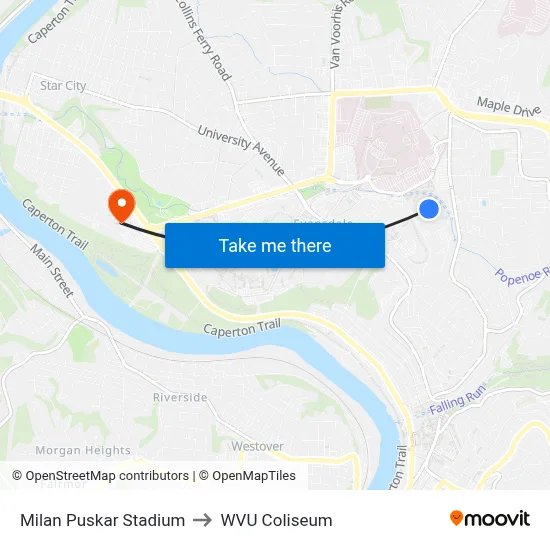 Milan Puskar Stadium to WVU Coliseum map