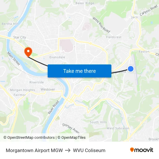 Morgantown Airport MGW to WVU Coliseum map