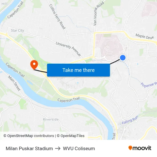 Milan Puskar Stadium to WVU Coliseum map