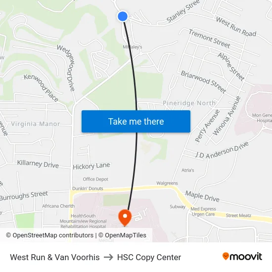 West Run & Van Voorhis to HSC Copy Center map
