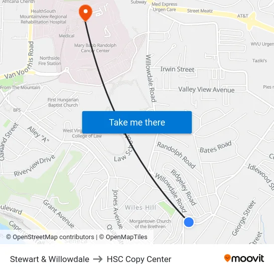 Stewart & Willowdale to HSC Copy Center map
