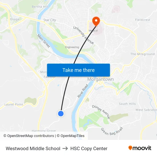 Westwood Middle School to HSC Copy Center map