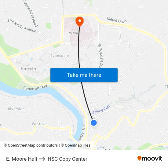 E. Moore Hall to HSC Copy Center map