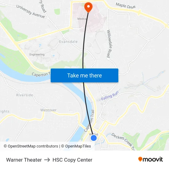 Warner Theater to HSC Copy Center map