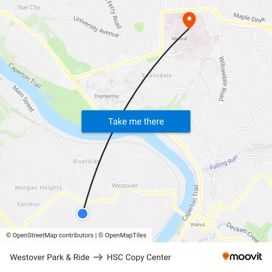Westover Park & Ride to HSC Copy Center map